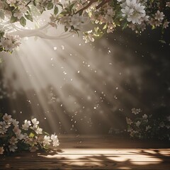Blossoms and sunbeams in front of a wooden table