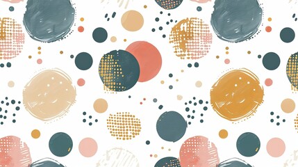 A playful, modern abstract pattern with colorful dots and textured circles.
