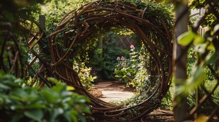Curling vines spiraling around a rustic trellis in a garden - obrazy, fototapety, plakaty