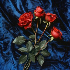 Fototapeta na wymiar High contrast image of red roses on a blue velvet background