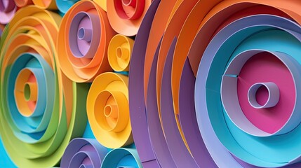 Paper spirals cut in an art class displayed against a colorful wall - obrazy, fototapety, plakaty