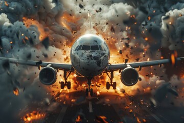 Plane crash airplane on runway catastrophe burning wrecks engine fire failure explosion fuel danger rescuing passengers commercial jet accident takeoff landing collision