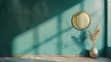 Minimalist wall painted teal with a single gold mirror