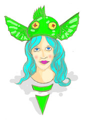 egirl with hat of fish green 