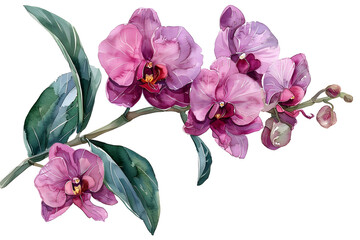 Watercolor orchid and leaves illustration, perfect for greeting or invitation cards for various occasions.