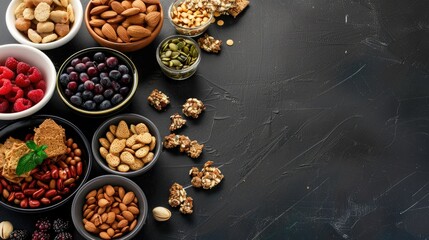 Assortment of Healthy Snacks on Black Background