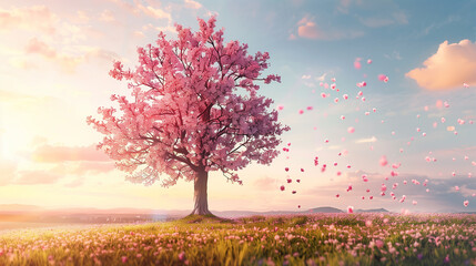 Fototapeta na wymiar A tree with pink blossoms is in a field of grass. The tree is the main focus of the image, and the grass and flowers surrounding it create a peaceful and serene atmosphere