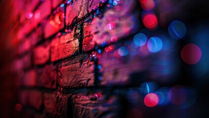 Abstract background of an old brick wall with neon light. Generate AI image