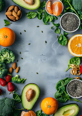 Various types of health foods (vegetables, nuts, greens)