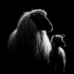 Black background Rim light a sheep mother and her baby in profile photography, with the light shining on its fur