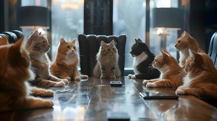 CATS IN BUSINESS MEETING IN THE OFFICE