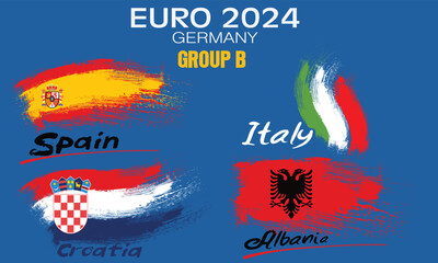 Participants of Group B of European football competition on sport background. painting the flag with brush strokes, group B of european football germany.zip - obrazy, fototapety, plakaty