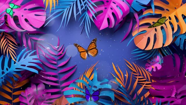 tropical leaves on purple background. creative fluorescent color layout made of tropical. seamless looping overlay 4k virtual video animation background