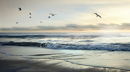 Tranquil Beach at Dawn: Gentle Waves, Soaring Seagulls