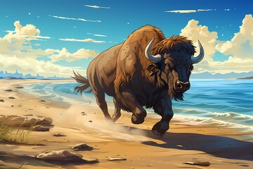 cartoon illustration, a buffalo is running on the beach