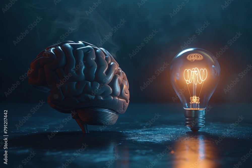 Poster 3d rendering of half brain and light bulb glowing on dark background. generate ai image