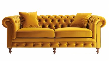 A timeless design meets modern luxury in this three-seat yellow velvet modular sofa, against an isolated clean background