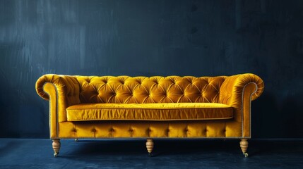 A vibrant, three-seat yellow velvet sofa with luxurious appeal and a hint of vintage, isolated background for emphasis