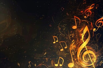 A background with musical notes and golden treble. Generate AI image