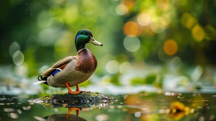 Duck perched on rock in pond