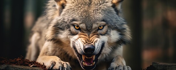 Closeup of a snarling wolf in a tense posture, eyes locked and teeth bared, capturing the intense emotion of an angry animal