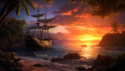 Obraz premium Dramatic sunset illuminating a pirate ship anchored near a secluded island, treasure chest partly buried in the foreground