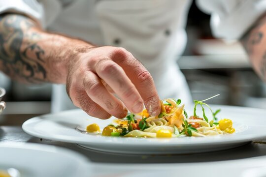 A chef planting up an exquisite dish closeup on the plate. Generate AI image