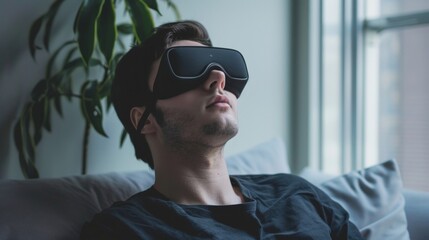 A person wearing a smart fabric sleep mask which not only blocks out light but also tracks sleep patterns to offer personalized sleep recommendations. .