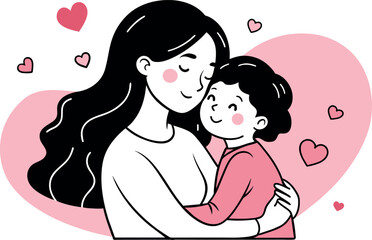mother and child hugging and kissing with hearts on a pink background, illustration line art