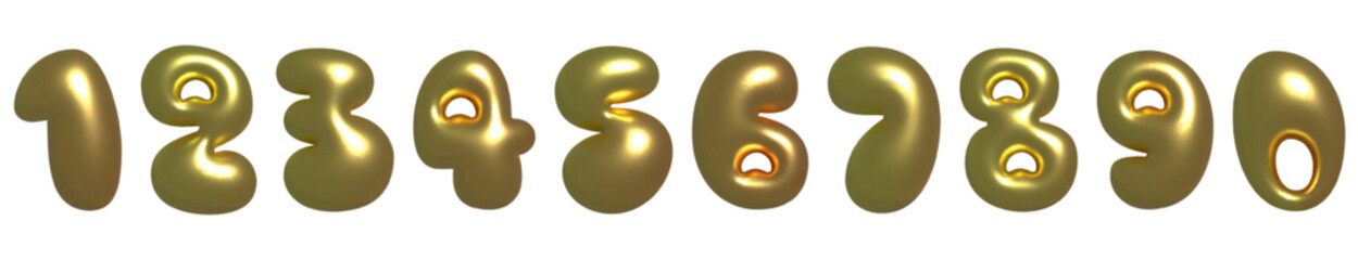 Complete Bubbly 3d set of numbers from one to zero in a golden matte finish, with soft lighting and shadows. Bubble Realistic number in Y2K style. Playful design inspired by 2000s or 90s, inflated