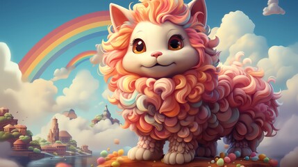 Obraz premium Whimsical image of a Unicat with a rainbowcolored mane jumping over a rainbow, suitable for playful wall decals in a childs play area