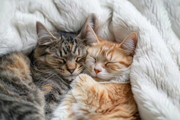 Lovely cat couple sleep together hug on white fluffy bed. Valentine's Day celebration concept.
