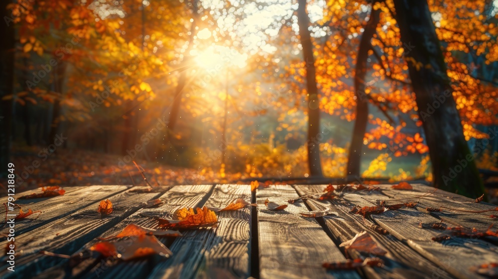 Poster abstract background with a wooden table top and a trees with sunlight. generate ai image