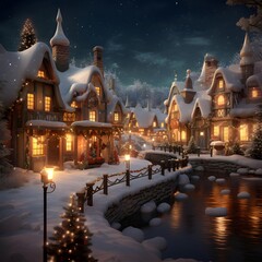 Winter night in the village. Christmas and New Year. 3D rendering