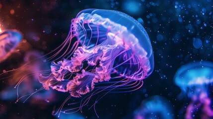 Jellyfish swimming under purple and blue lights