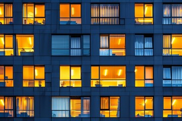 Modern office building windows lit in evening night early morning long working hours exhaustion overtime exterior urban architecture skyscraper lights tower financial sector banking hq headquarters