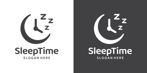 Sleep time logo design template. alarm clock with moon design graphic vector illustration. Symbol, icon, creative. - obrazy, fototapety, plakaty