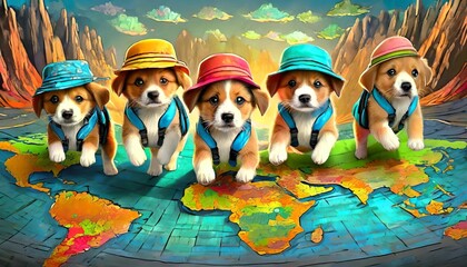 A stunning 3D render of a group of playful and adorable puppies embarking on an adventurous journey around the world