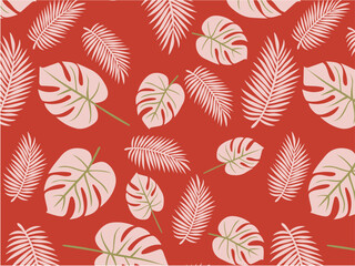 トロピカルな葉っぱ柄のシームレスパターン（レッド）
