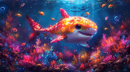 illustration of a print of colorful cute shark