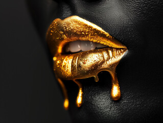 Gold paint drips from the lips, golden liquid drops on beautiful model girl`s mouth, creative abstract dark black skin makeup. Beauty woman face on black