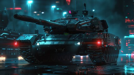 Advanced armored tank in a scifi environment, highlighted with dramatic lighting and shadows, rendered in photorealistic 4K HD quality, no noise,