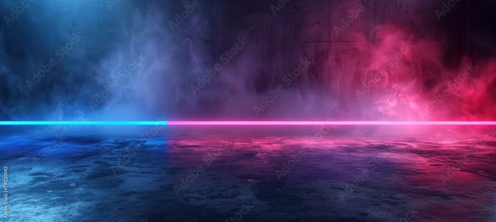 Poster Abstract empty dark background with fog and neon light. Generate AI image