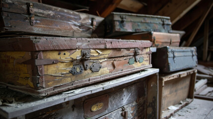 Fototapeta na wymiar The attic is filled with old trunks and broken furniture each one holding a forgotten treasure or a haunting memory. .