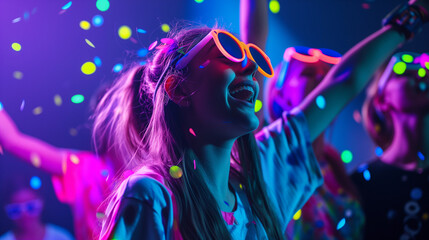 At a nighttime concert illuminated by neon lights, a smiling teenager dons oversized orange sunglasses and revels in a shower of confetti.