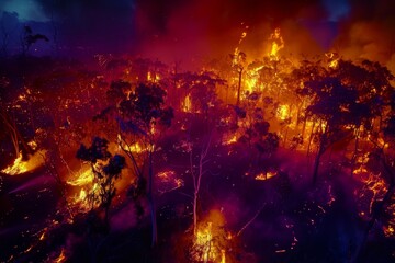 Obraz na płótnie Canvas Wildforest fire burning forest trees eecological disaster smoke aerial view from helicopter danger death animals damage hazard blaze pollution tragedy