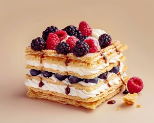 A dessert made of layers of pastry and fruit, including raspberries