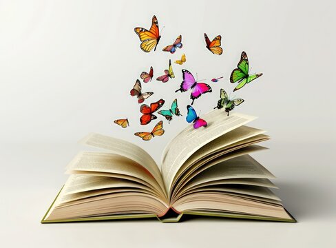 An open book with butterflies flying out of the book. Generate AI image