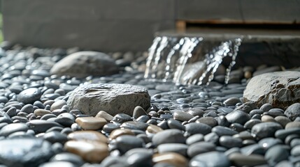 A display base with a background image of a riverbed filled with smooth river gravel, featuring a gentle stream of water flowing through the stones, creating a serene and tranquil setting.