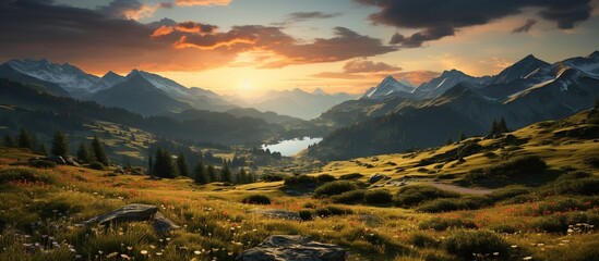 Fantastic sunset in the mountains. Landscape with lake and mountains.